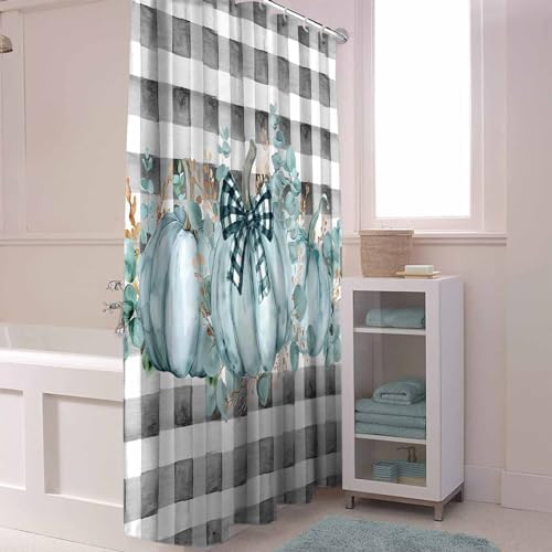 Funnywall88 72 Inches Green Bow Pumpkin Plaid Shower Curtain Set with 12 Hooks