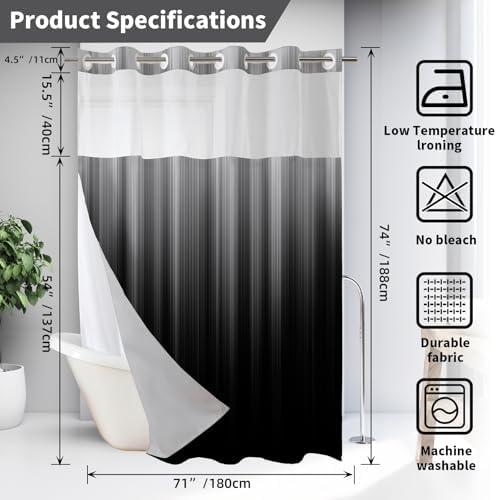 Guassi No Hook Shower Curtain with Snap-in Liner Set