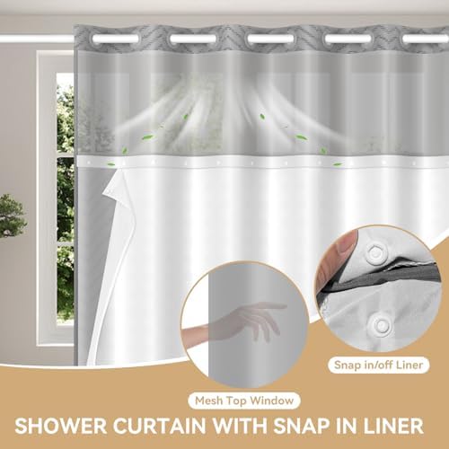 Aikku No Hook Shower Curtain Set Grey Chevron Striped