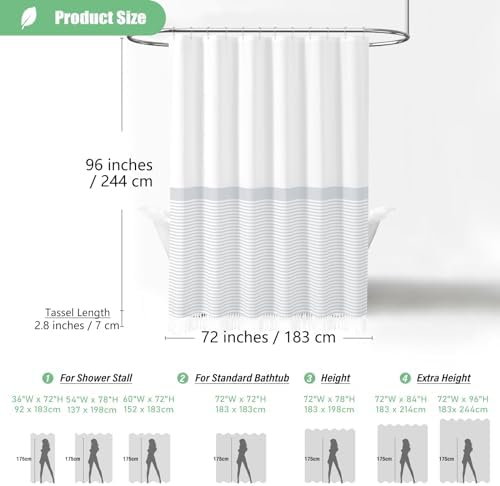 Dynamene Extra Long Farmhouse Grey Striped Shower Curtain Set with Hooks