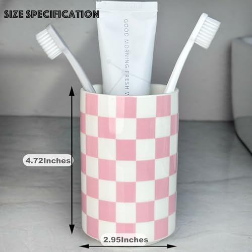 Pink Checkered Ceramic Toothbrush Holder Modern Bathroom Decor