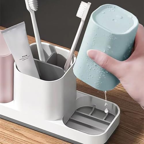 Kids Toothbrush Holder with Pink Blue Cups and Storage