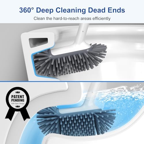 HAMITOR Toilet Brush Holder Set with Silicone Head and Curved Bristles - White