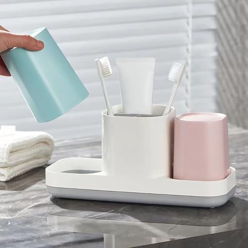 Kids Toothbrush Holder with Pink Blue Cups and Storage