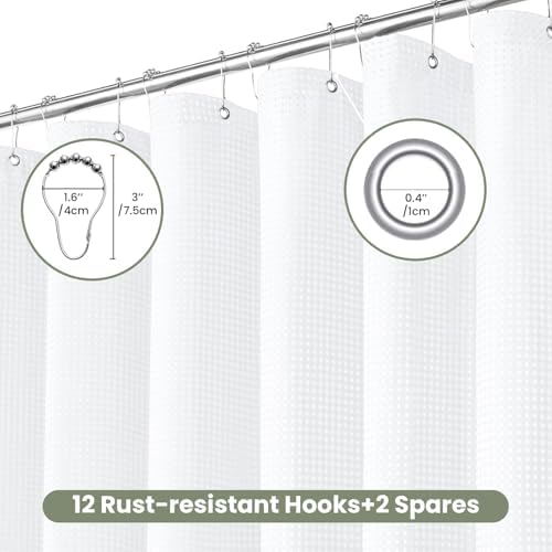 Inhousolu Waffle Shower Curtain Set 72x72 White 230 GSM 14 Metal Hooks