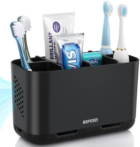 Boperzi 6 Slot Toothbrush Holder with Drainage and Anti-Slip Base Black