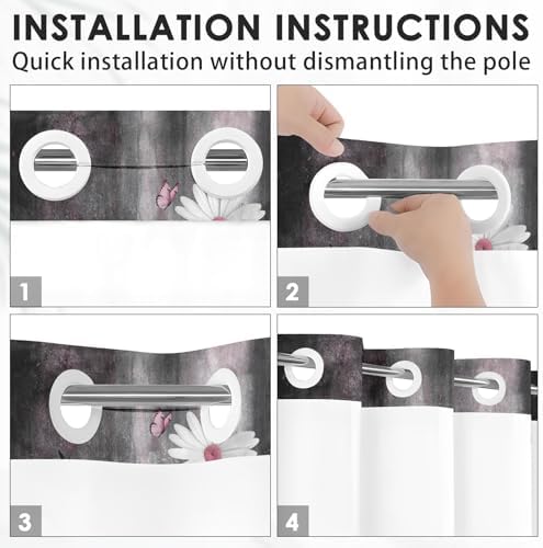 Nesphy Pink White Daisy Butterfly Shower Curtain Set