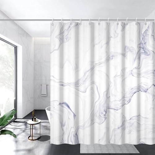 White Marble Shower Curtain Set with Hooks 72x72 Inch
