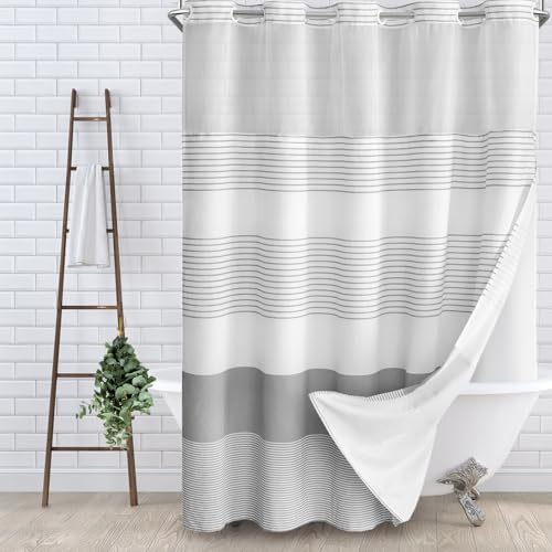 SMTHOM No Hook Shower Curtain Set Gray Boho Striped