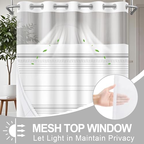 No Hook Shower Curtain Set with Snap Liner Modern Boho Grey Striped