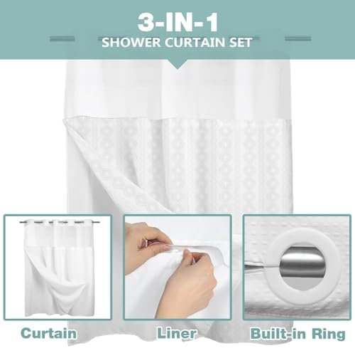 TYTYUU No Hook Shower Curtain Set Modern White Waffle Weave