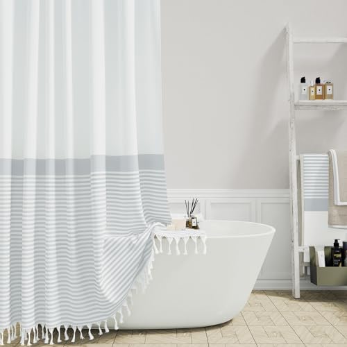 Dynamene Extra Long Farmhouse Grey Striped Shower Curtain Set with Hooks