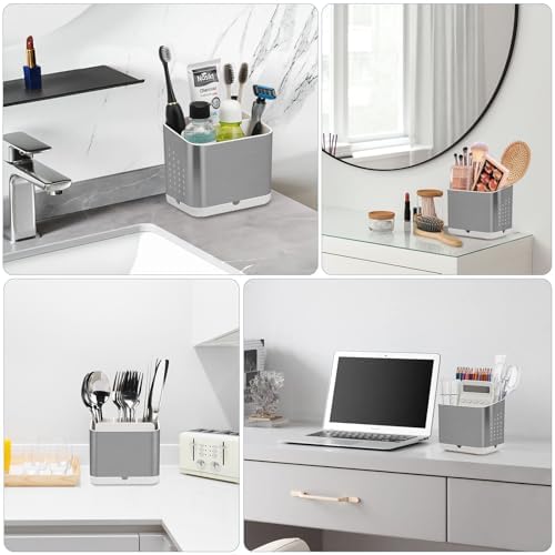 Brushed Nickel Toothbrush Holder for Bathroom Multifunctional Organizer Non-Slip Drainage