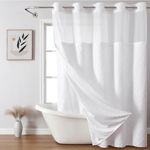 White Boho Shower Curtain Set with Tufted Stripes and Snap Liner