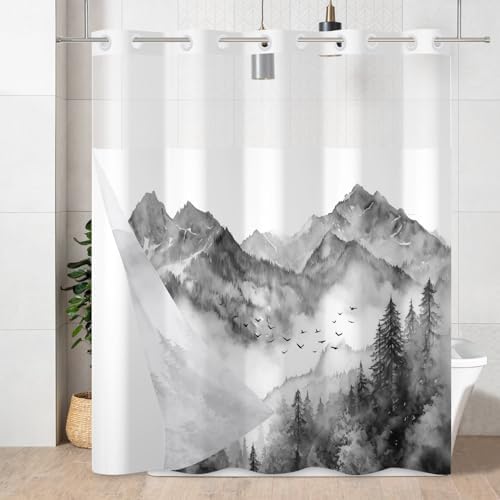 AWERT Forest Grey No Hook Shower Curtain with Liner