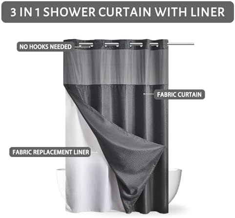 Furlinic No Hook Waffle Weave Shower Curtain Set Dark Grey 54x80 Inch