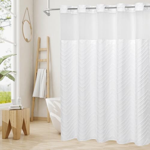 White Small Stall Boho Shower Curtain with Snap-in Liner 36x74