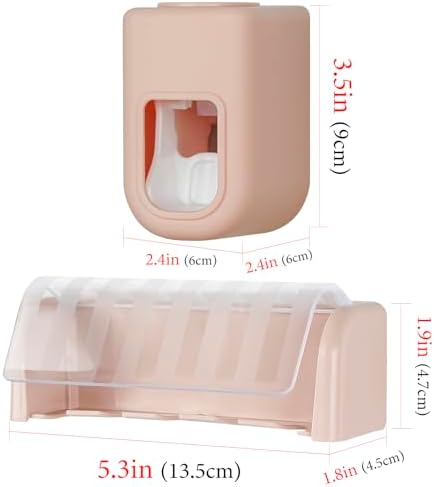 5 Slots Wall Mount Toothbrush Holder with Cover and Dispenser Pink