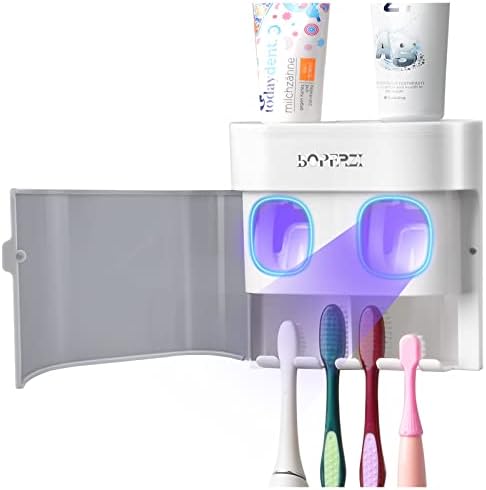 Boperzi Toothbrush Holder with 2 Toothpaste Dispensers and Dustproof Cover