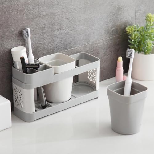 Modern Bathroom Decor Toothbrush Stand with 2 Mugs and Shelf