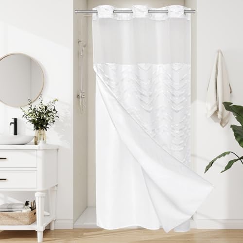 White Small Stall Boho Shower Curtain with Snap-in Liner 36x74