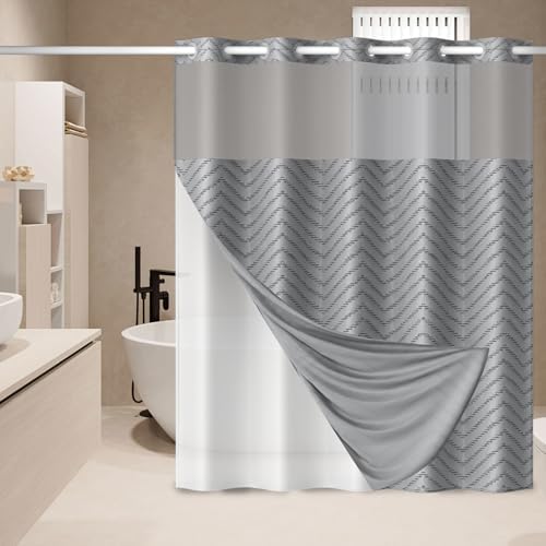 Aikku No Hook Shower Curtain Set Grey Chevron Striped