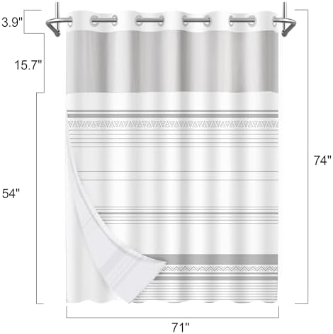 No Hook Shower Curtain Set with Snap Liner Modern Boho Grey Striped