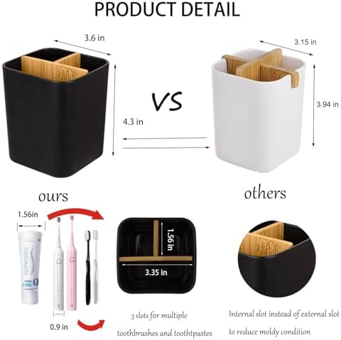 Heagoale Bamboo Toothbrush Holder with 3 Slots 2 Pack Black