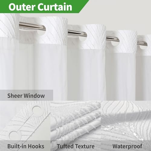 White Boho Shower Curtain Set with Tufted Stripes and Snap Liner