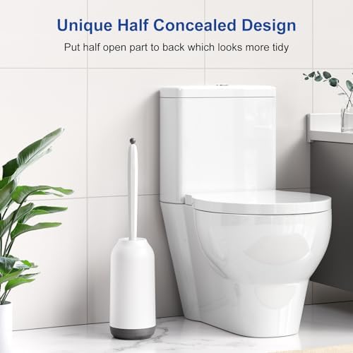 HAMITOR Toilet Brush Holder Set with Silicone Head and Curved Bristles - White