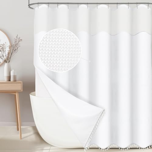 Riyidecor White Tassel Waffle Shower Curtain Set
