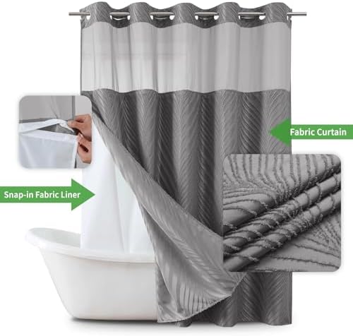 No Hook Boho Shower Curtain Set with Tufted Stripes and Waterproof Liner
