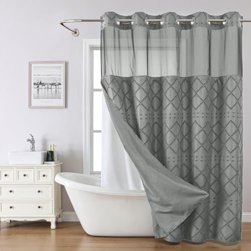 Grey No Hook Shower Curtain Set with Chevrons See-Through Window