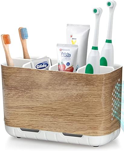Boperzi Wood Grain Toothbrush Holder with Adjustable Dividers