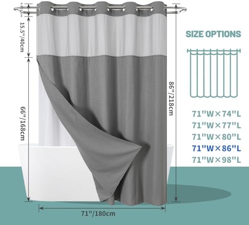 Grey Waffle Weave Shower Curtain Set with Snap-In Liner
