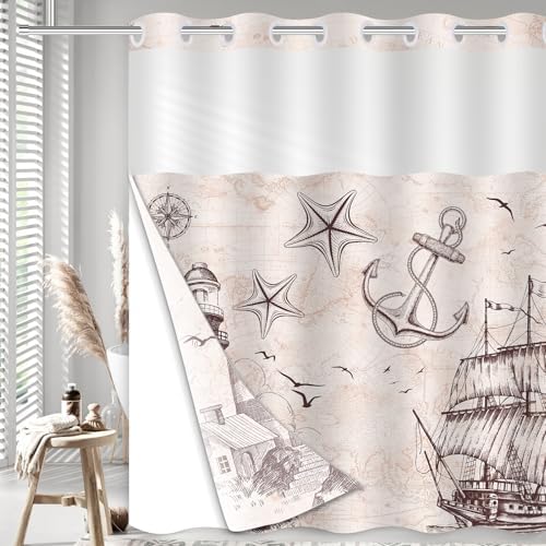 Uhexoyo Ocean Themed Nautical Lighthouse Shower Curtain 71x74in Hookless Double Lining