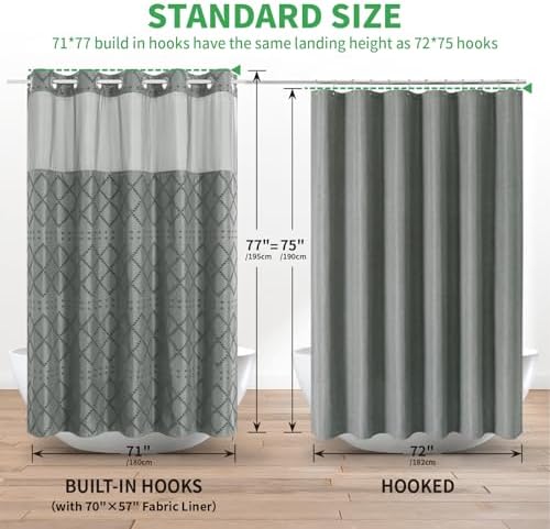 Grey No Hook Shower Curtain Set with Chevrons See-Through Window