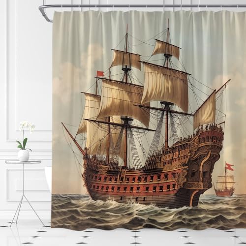 YSATNSFT Pirate Ship Shower Curtain Set with Hooks 70x70 Inch