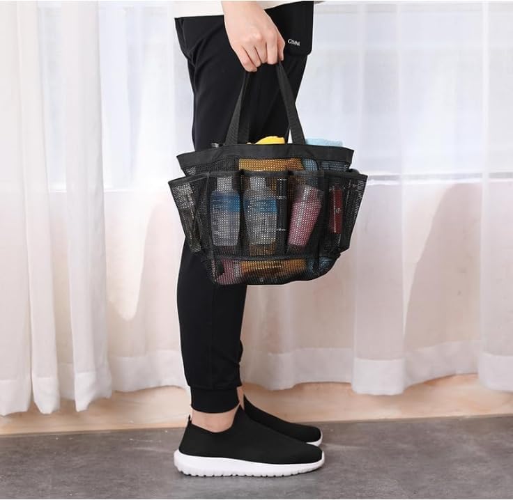 Mesh Shower Caddy Tote Bag with 8 Pockets Black
