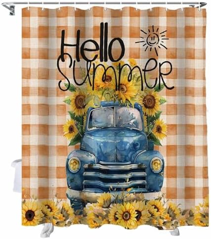 Funnywall88 72 Inches Sunflower Blue Buffalo Plaid Shower Curtain Set with 12 Hooks