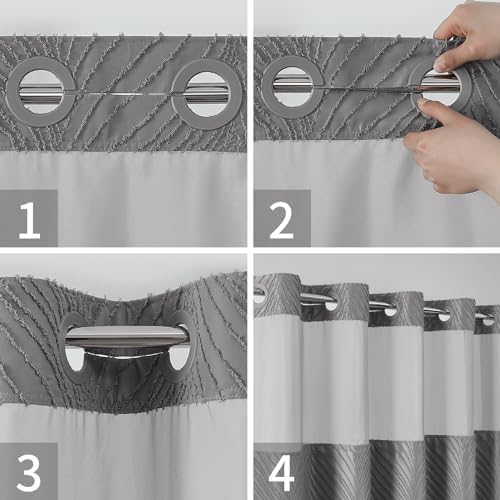 No Hook Boho Shower Curtain Set with Tufted Stripes and Waterproof Liner