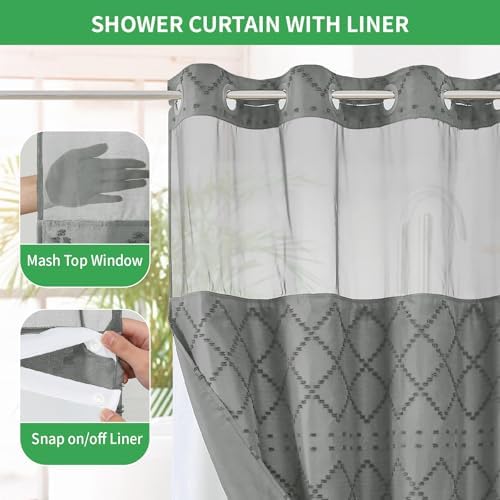 Grey No Hook Shower Curtain Set with Chevrons See-Through Window