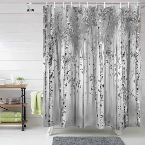 72 Inches Gray Leaf Art Shower Curtain Set with 12 Hooks