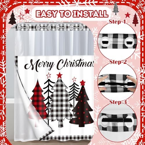 FuWeave No Hook Christmas Shower Curtain with Snap-in Liner