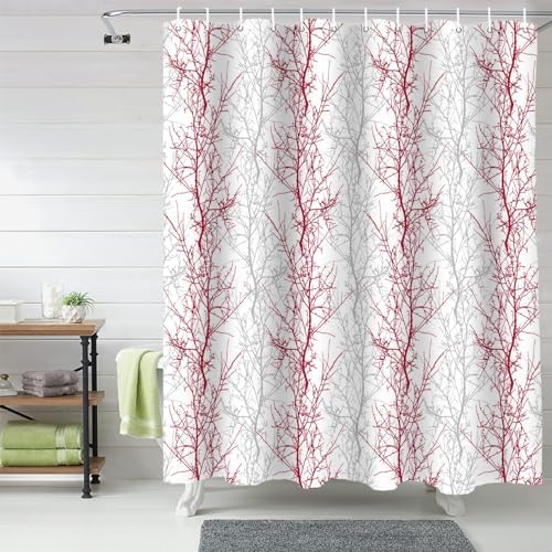 72 Inch Rose Red and Grey Shower Curtain Set with 12 Hooks