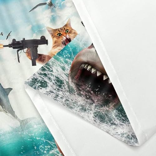 Funny Cat Riding Shark Shower Curtain Set with Hooks