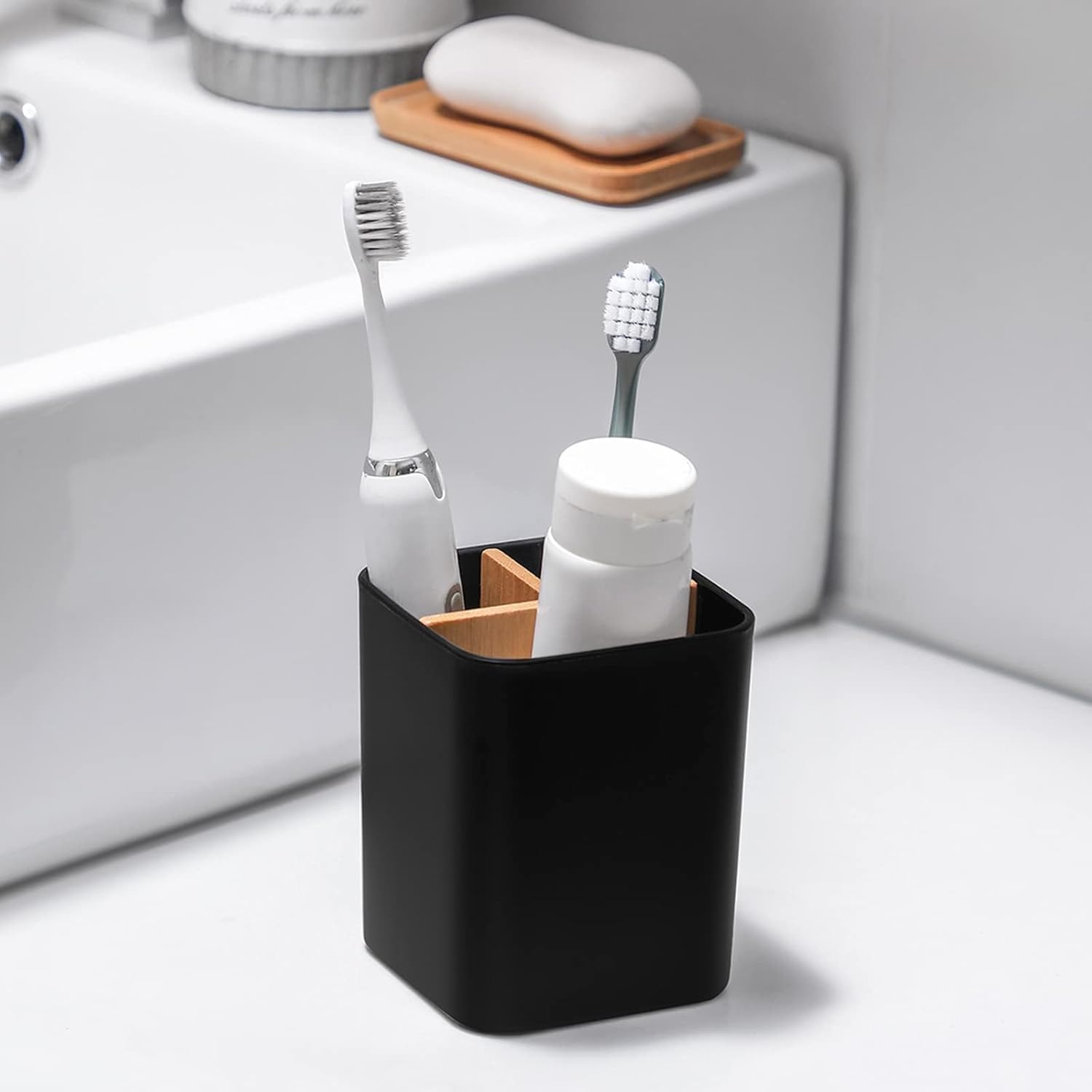 Heagoale Bamboo Toothbrush Holder with 3 Slots 2 Pack Black