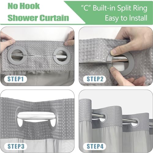 AMM No Hook Waffle Weave Shower Curtain with Snap in Liner Set Gray