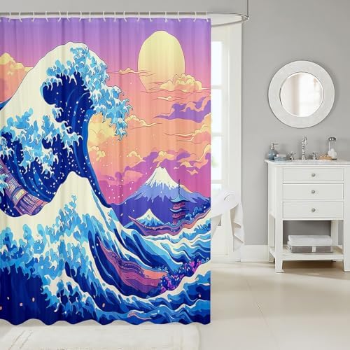 Feelyou Japanese Wave Bath Curtain Set 72x72 Waterproof