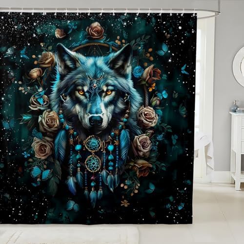 Feelyou Wolf Shower Curtain Set 72x78 Teal 1